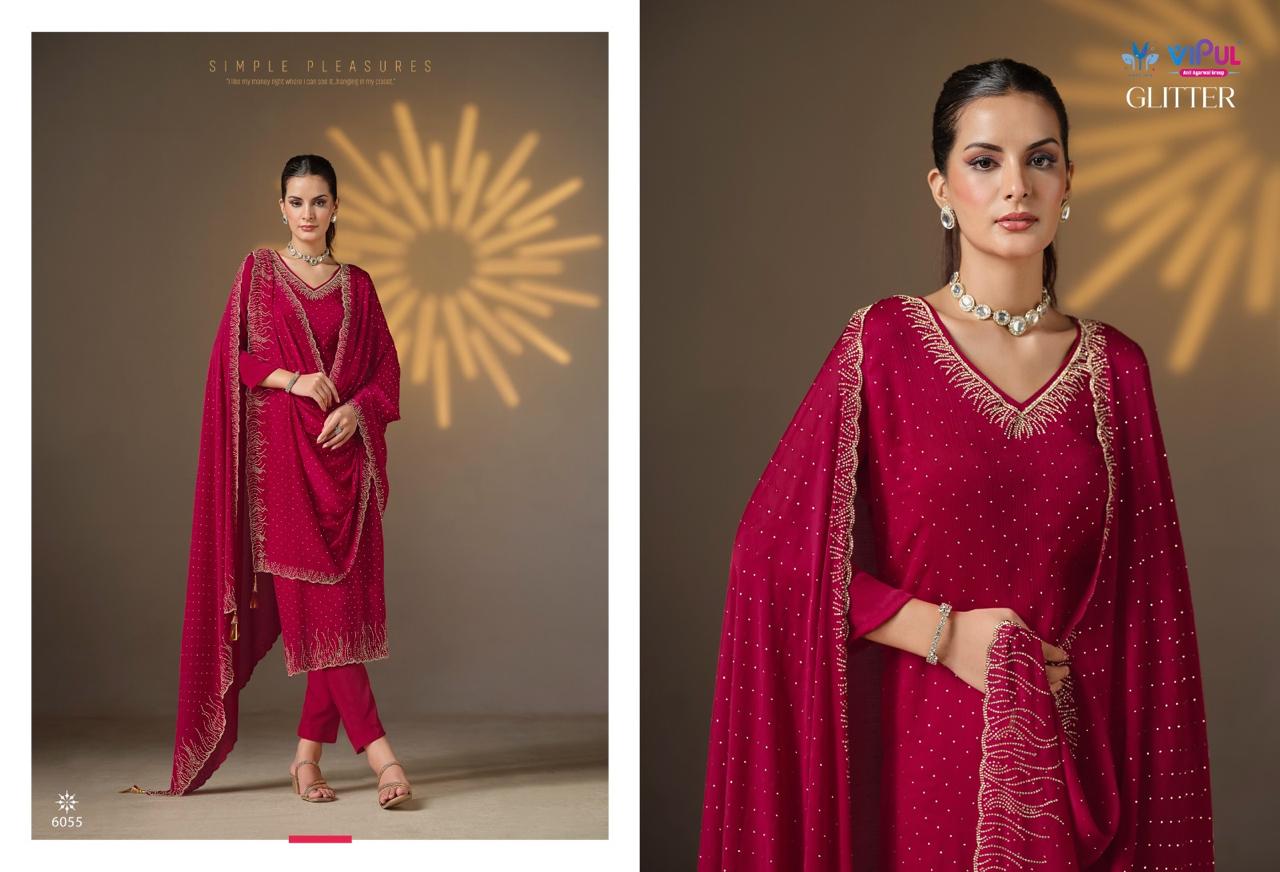 Glitter By Vipul Satin Chiffon Designer Salwar Kameez Wholesale Price In Surat